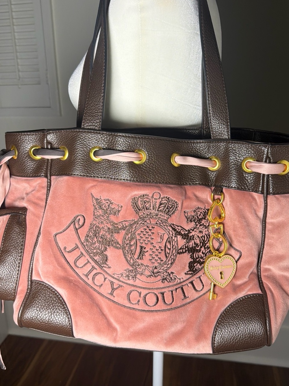 Juicy Couture Pink and Brown Velour Tote with Crest Charm